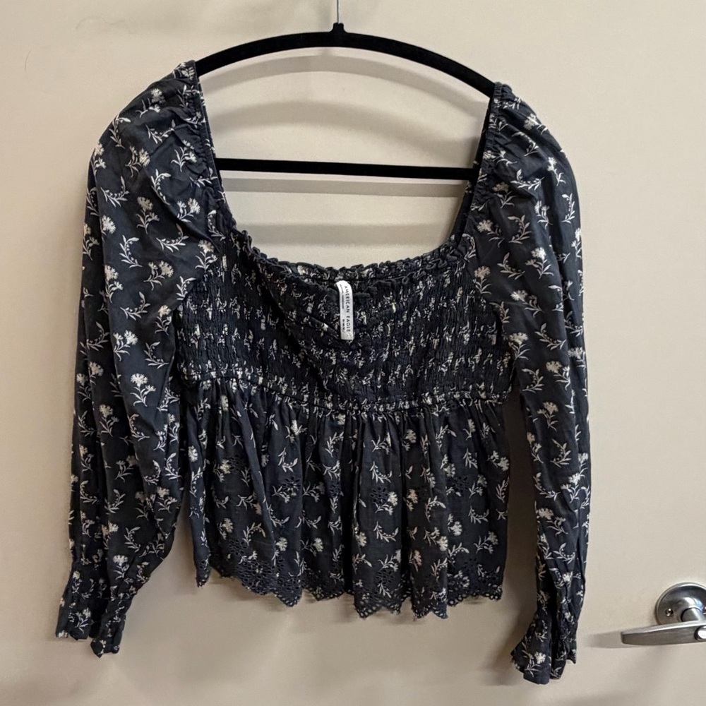 American Eagle Outfitters Dark Floral Smocked Blouse